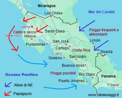 Mappa con vento e pioggia in Costa Rica nel periodo dicembre-aprile
