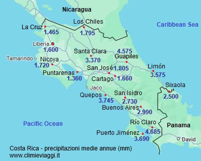 Precipitazioni medie annue in alcune città della Costa Rica