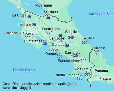 Mappa con le precipitazioni medie di aprile in Costa Rica