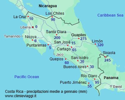 Mappa con le precipitazioni medie di gennaio in Costa Rica
