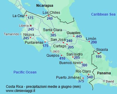 Mappa con le precipitazioni medie di giugno in Costa Rica