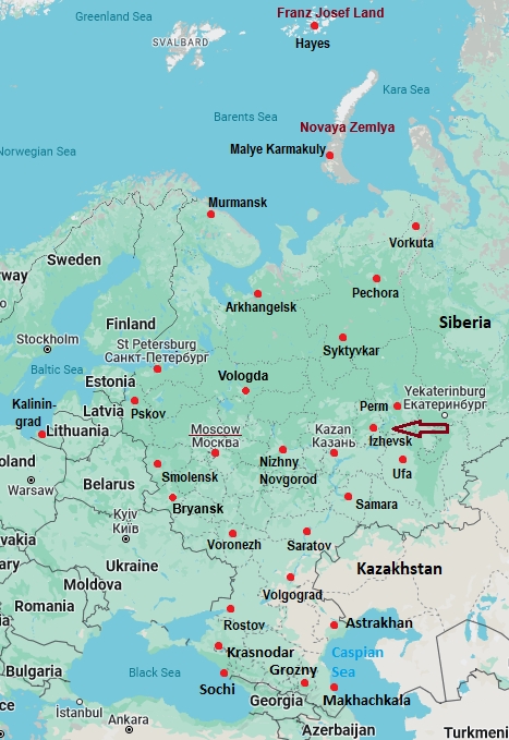 Izevsk, mappa che indica dove si trova