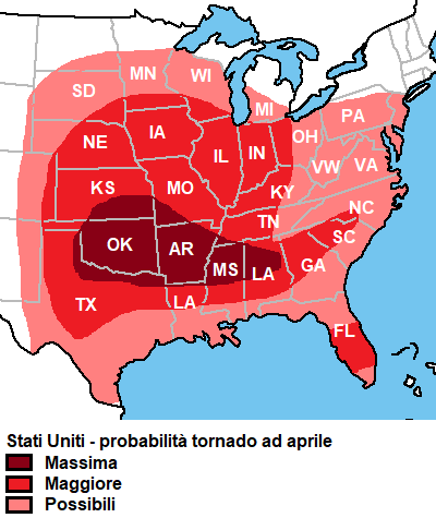 Mappa con la zona dove si verificano i tornado ad aprile