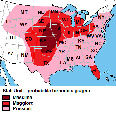 Mappa con la zona dove si verificano i tornado a giugno