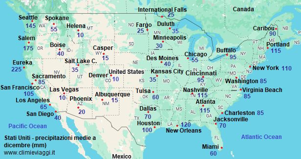 Mappa con le precipitazioni medie di dicembre negli Stati Uniti