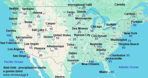 Mappa con le precipitazioni medie di gennaio negli Stati Uniti