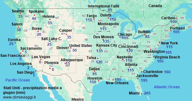 Mappa con le precipitazioni medie di giugno negli Stati Uniti