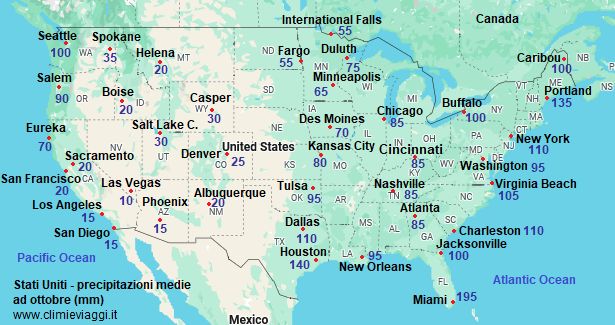 Mappa con le precipitazioni medie di ottobre negli Stati Uniti