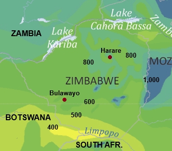 Mappa con le precipitazioni medie annu in Zimbabwe
