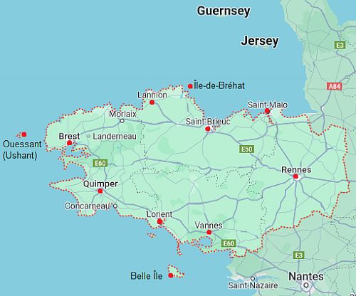 Mappa con città - Bretagna