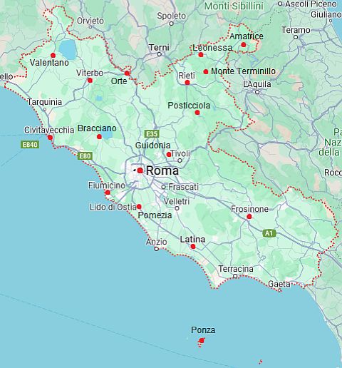 Mappa con città - Lazio