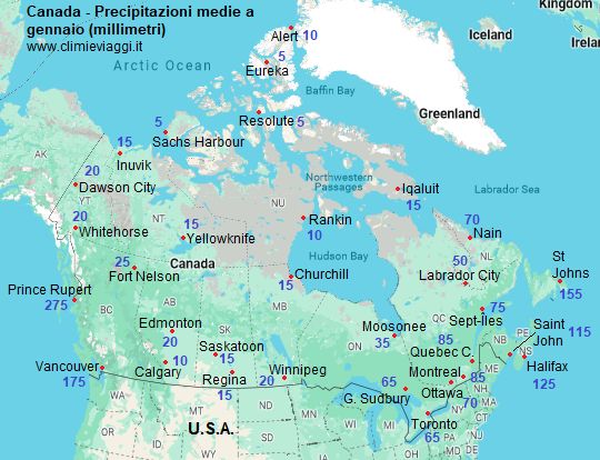 Canada - mappa con le precipitazioni medie a gennaio