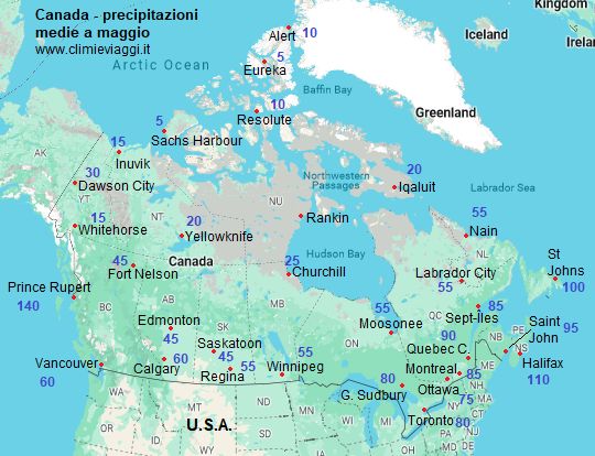 Canada - mappa con le precipitazioni medie a maggio