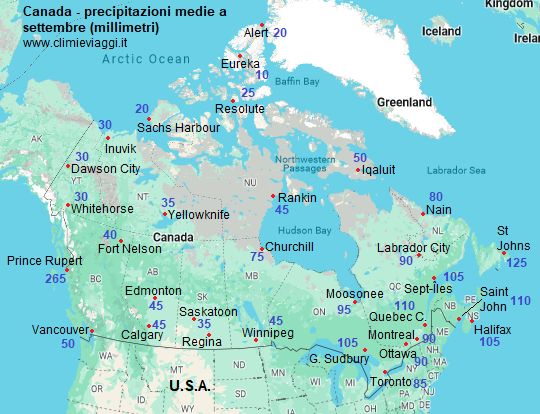 Canada - mappa con le precipitazioni medie a settembre