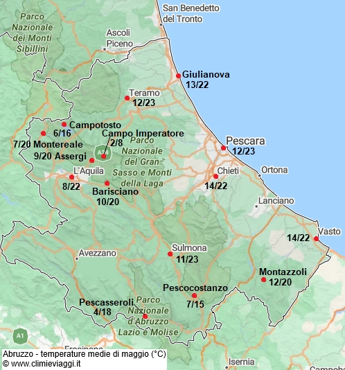 Abruzzo - mappa con le temperature medie a maggio