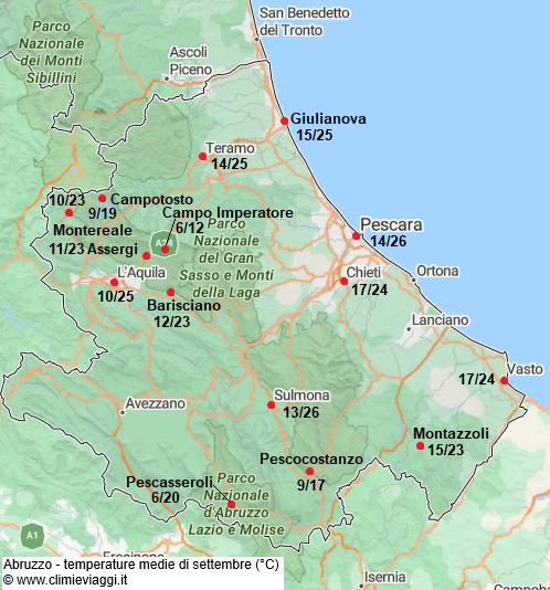 Abruzzo - mappa con le temperature medie a settembre