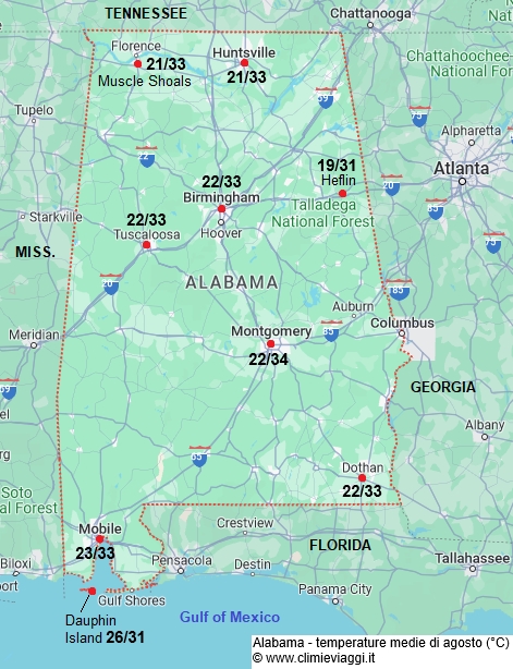 Alabama - mappa con le temperature medie a agosto