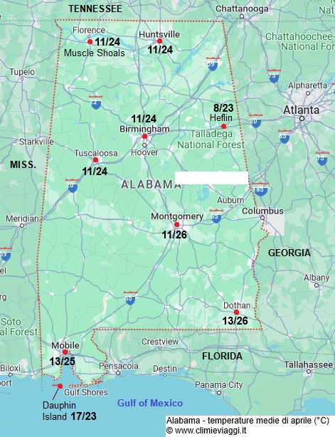 Alabama - mappa con le temperature medie a aprile