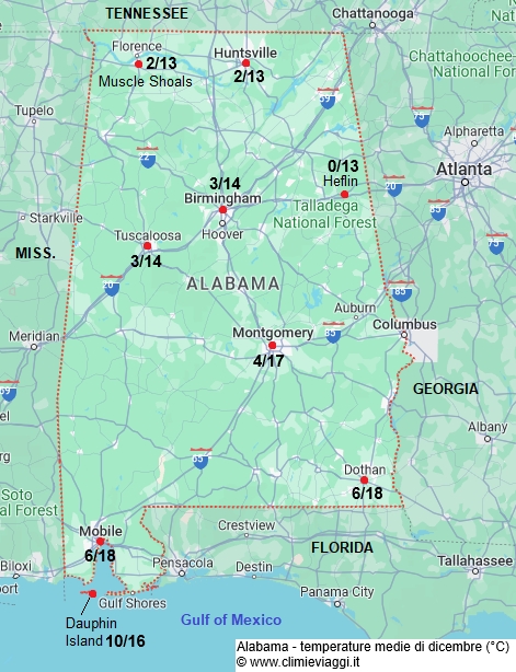 Alabama - mappa con le temperature medie a dicembre