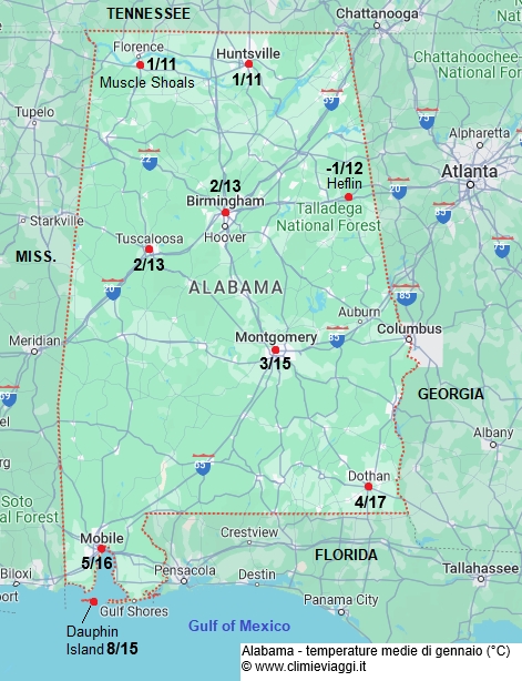 Alabama - mappa con le temperature medie a gennaio