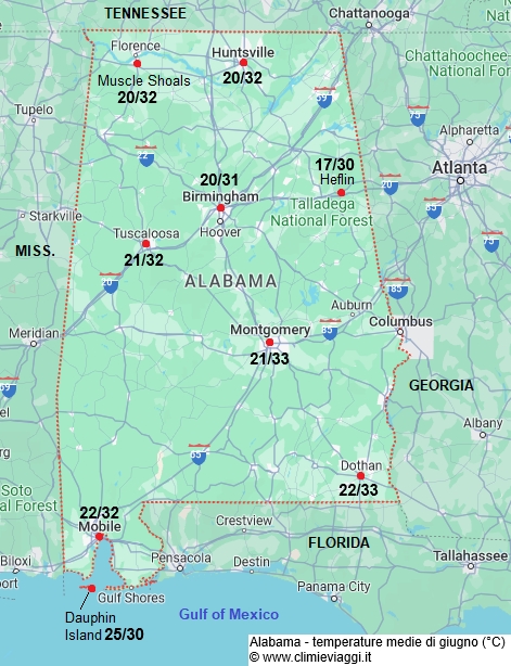Alabama - mappa con le temperature medie a giugno