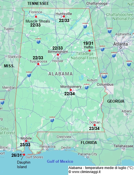 Alabama - mappa con le temperature medie a luglio