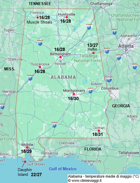 Alabama - mappa con le temperature medie a maggio