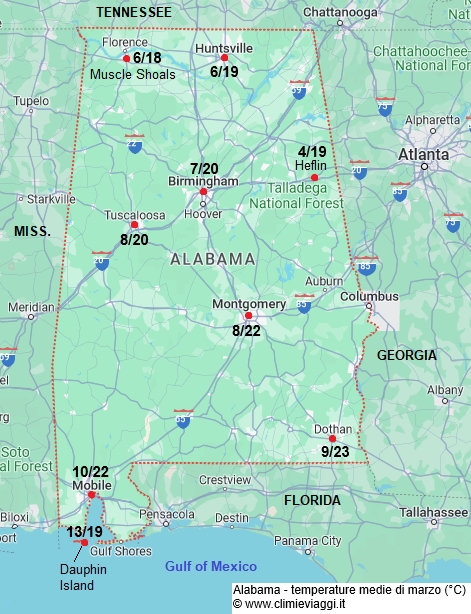 Alabama - mappa con le temperature medie a marzo