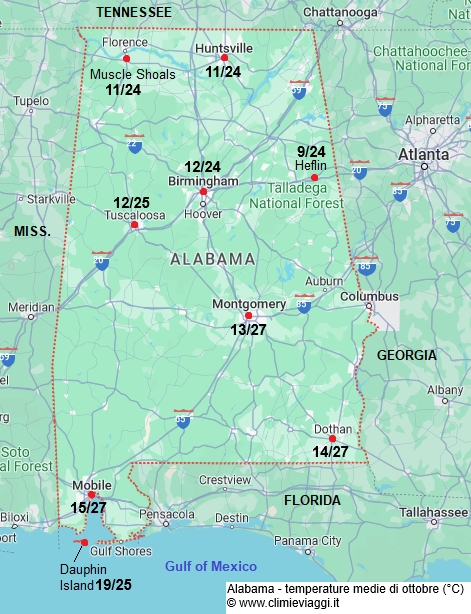 Alabama - mappa con le temperature medie a ottobre