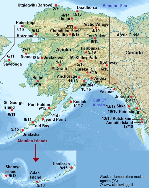 Alaska - mappa con le temperature medie a agosto