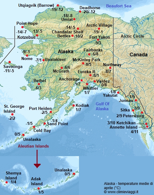 Alaska - mappa con le temperature medie a aprile