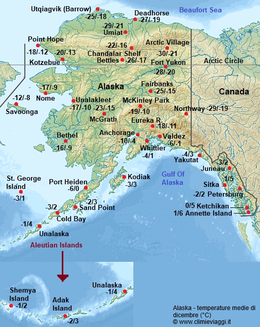 Alaska - mappa con le temperature medie a dicembre