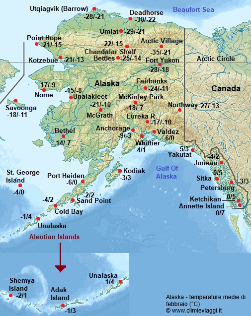 Alaska - mappa con le temperature medie a febbraio