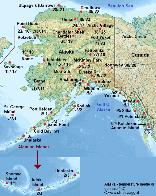 Alaska - mappa con le temperature medie a gennaio