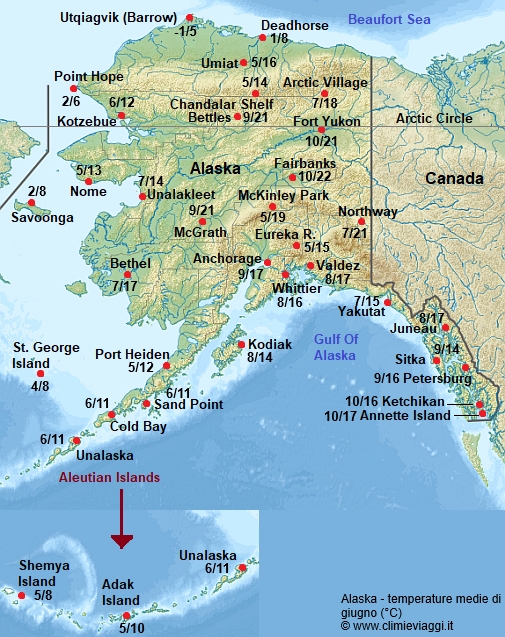 Alaska - mappa con le temperature medie a giugno