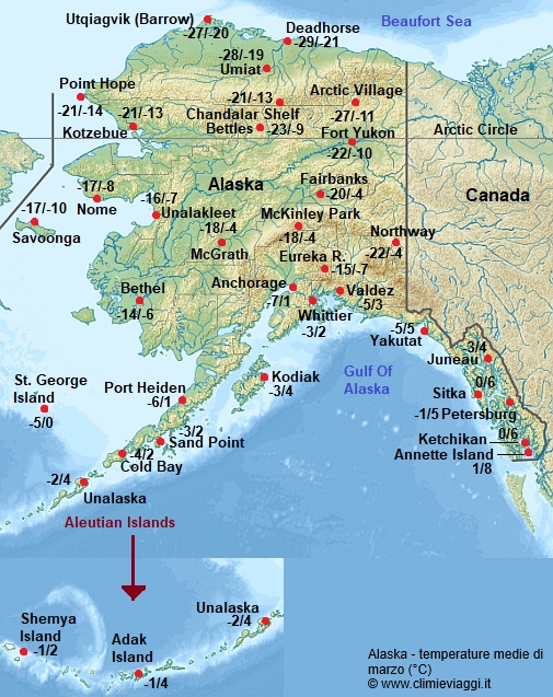 Alaska - mappa con le temperature medie a marzo