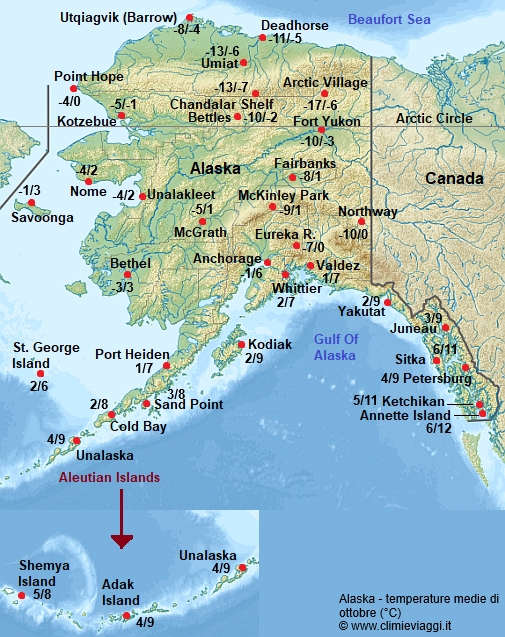 Alaska - mappa con le temperature medie a ottobre