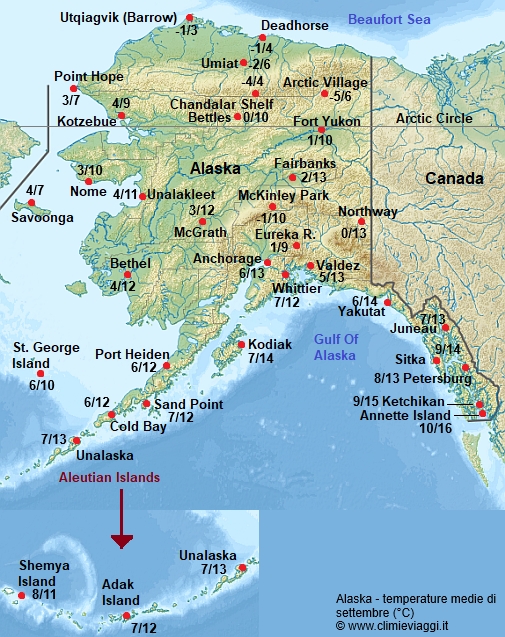 Alaska - mappa con le temperature medie a settembre