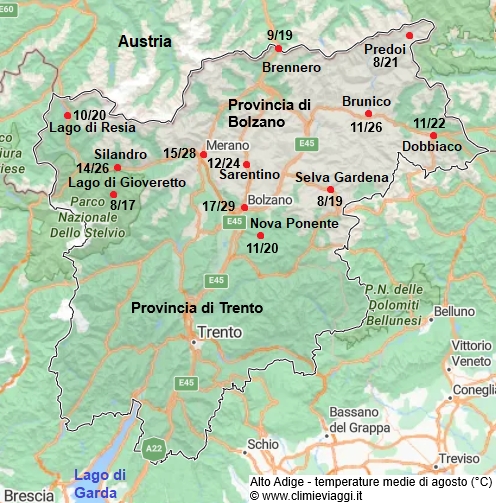 Alto Adige - mappa con le temperature medie a agosto