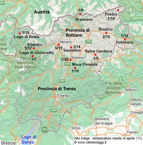 Alto Adige - mappa con le temperature medie a aprile