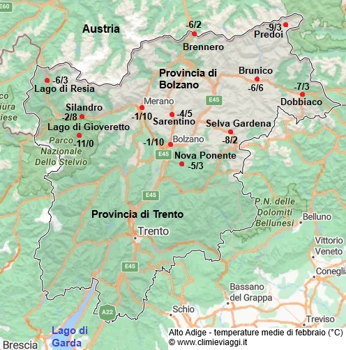 Alto Adige - mappa con le temperature medie a febbraio