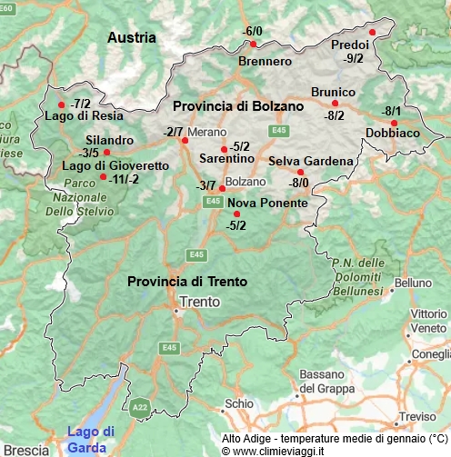 Alto Adige - mappa con le temperature medie a gennaio