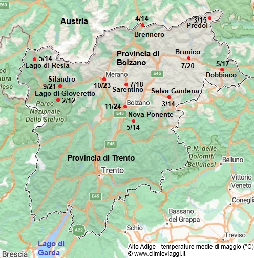 Alto Adige - mappa con le temperature medie a maggio