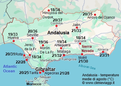 Andalusia - mappa con le temperature medie a agosto
