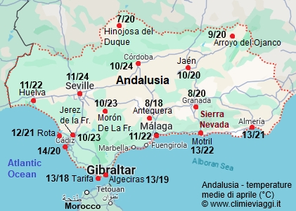 Andalusia - mappa con le temperature medie a aprile