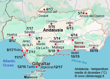 Andalusia - mappa con le temperature medie a dicembre