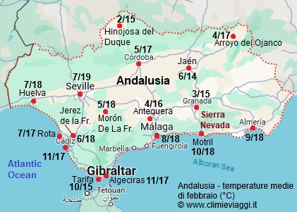 Andalusia - mappa con le temperature medie a febbraio