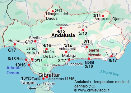 Andalusia - mappa con le temperature medie a gennaio