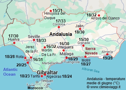 Andalusia - mappa con le temperature medie a giugno