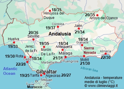 Andalusia - mappa con le temperature medie a luglio